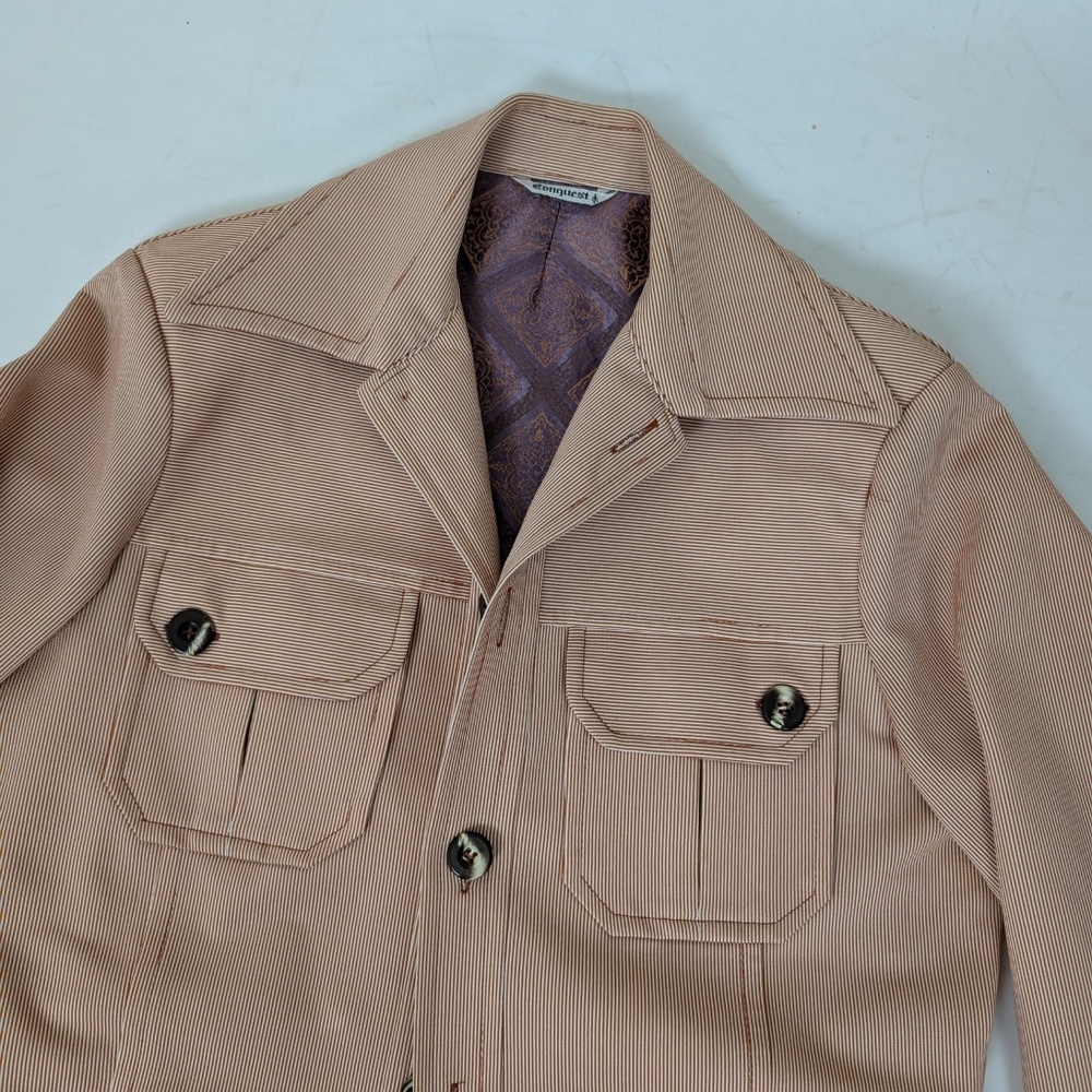 70's Pinstripe Blazer Size Medium Overcoat Pastel Dagger Collar Vintage Office - Picture 2 of 14